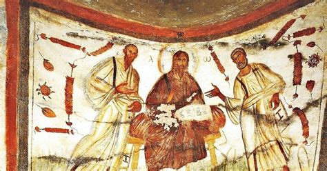 Fresco de Jesús Cristo flanqueado por San Pedro y San Pablo en las Catacumbas de los Santos Pedro y Marcelino