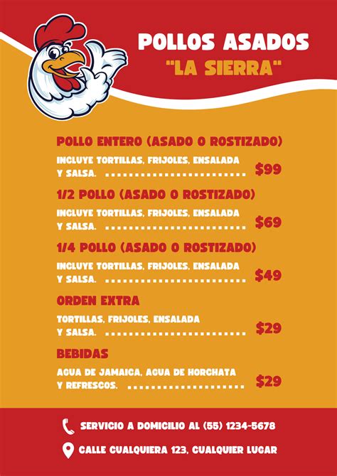 Menú de un restaurante de pollos asados