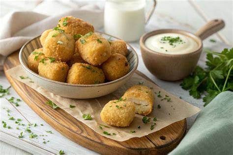 Croquetas de coliflor servidas con salsa de yogur y menta