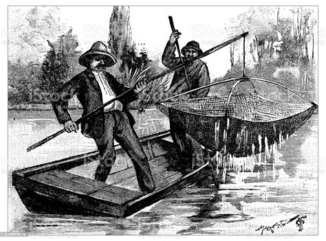 Ilustración antigua de pescadores cocinando