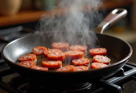 Rodajas de chorizo cocinándose en una sartén