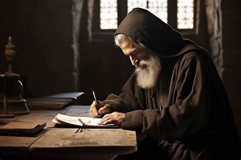 Ilustración de un fraile escribiendo en un recetario antiguo