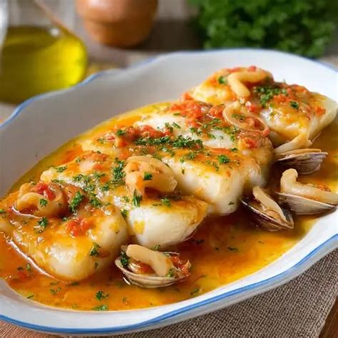 Plato de merluza con salsa de marisco