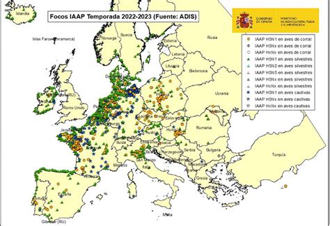 Mapa de Europa con focos de gripe aviar