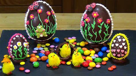 Huevos de chocolate decorados y figuras de Pascua