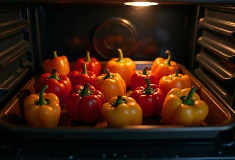 Pimientos y berenjenas asándose en el horno