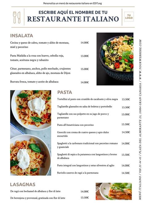 Menú de restaurante italiano