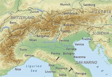 Mapa de la región de la Llanura Padana