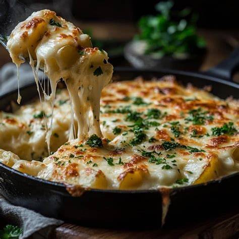 Fainá de queso recién horneada con queso gratinado