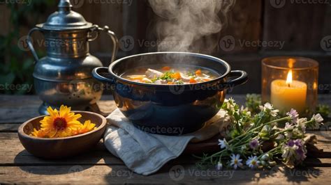 Sopa de pescado humeante servida en un cuenco
