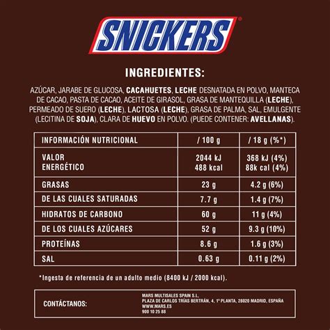 Tabla nutricional de un Snickers