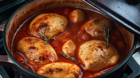 Pollo cociéndose a fuego lento en la salsa