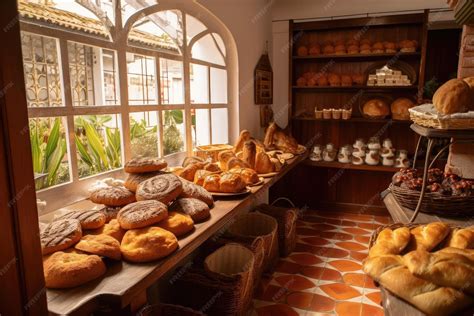 Interior de una panadería tradicional con exhibición de panes y dulces