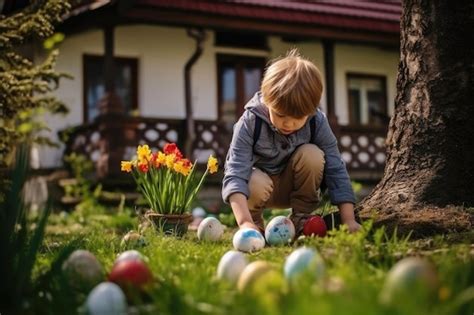 Niños buscando huevos de chocolate en un jardín