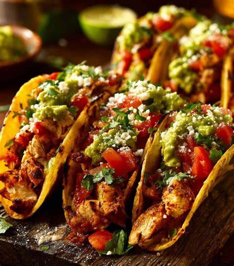 Tacos de pollo servidos sobre una mesa de madera con ingredientes frescos
