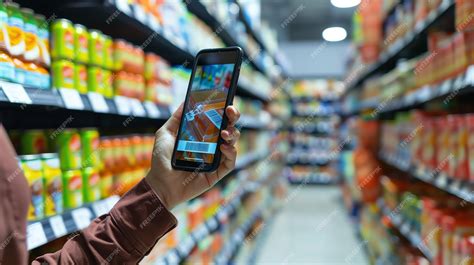 Mujer escaneando código de barras de alimento congelado con smartphone