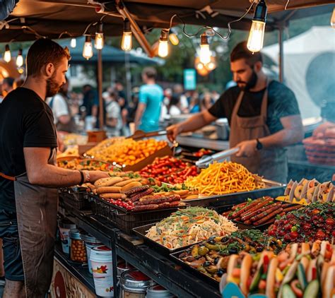 Food trucks variados en un festival de comida al aire libre