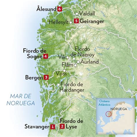 Mapa de Noruega con la costa y los fiordos resaltados