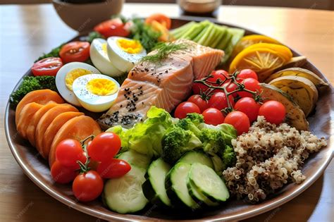 Plato equilibrado con vegetales coloridos, salmón y grasas saludables