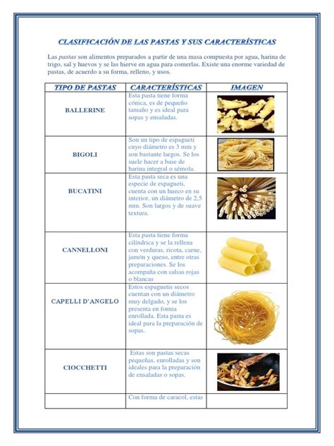Tabla comparativa de pastas