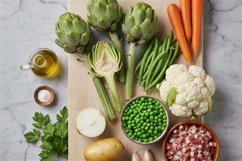 Imagen de alcachofas, zanahorias y cebolla listas para hornear