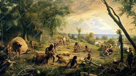 Representación de un campamento de la era paleolítica con cazadores y recolectores