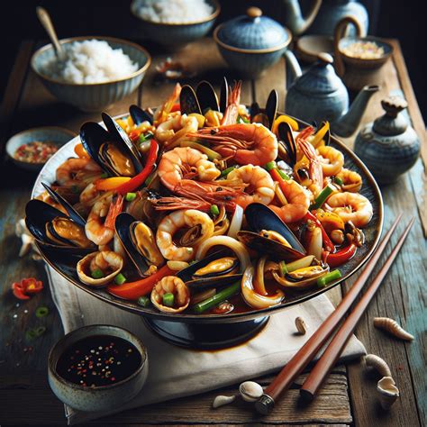 Plato de mariscos frescos salteados con verduras