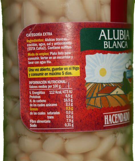 Tabla nutricional aproximada de las alubias blancas