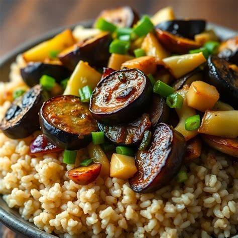 Plato de salteado de berenjena servido sobre arroz integral