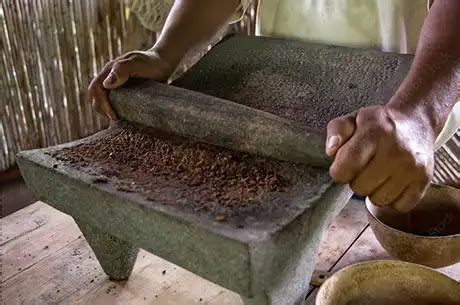 Proceso de molienda de cacao en piedra