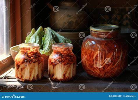 Tarros tradicionales de kimchi fermentando