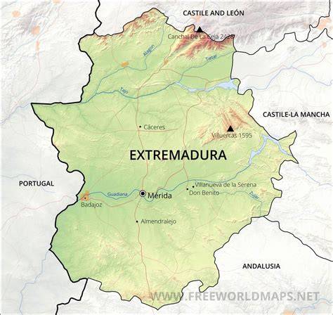 Mapa de la región de Extremadura destacando Monesterio