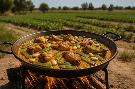 paella valenciana tradicional cocinada al fuego de leña