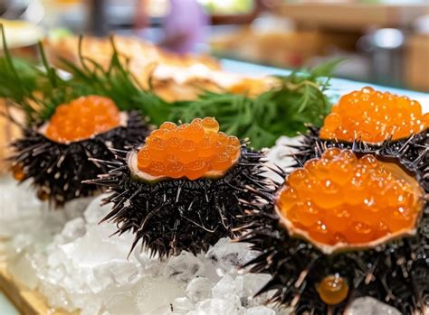 Erizos de mar frescos con sus huevas naranjas