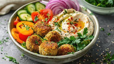 Hamburguesas de falafel con hummus y verduras