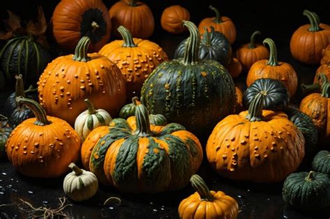 Variedad de calabazas de diferentes colores y formas