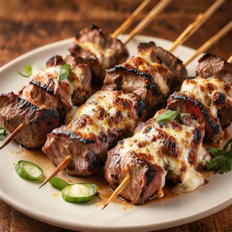 Brochetas de carne con queso y empanadas