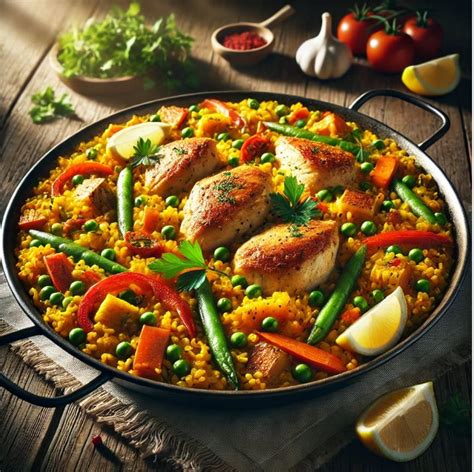 Paella de verduras y pollo lista para servir