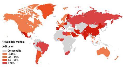 Mapa mostrando la prevalencia mundial de la infección por Helicobacter pylori