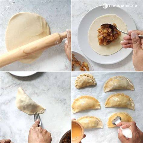 Ilustración paso a paso de cómo rellenar y cerrar empanadillas