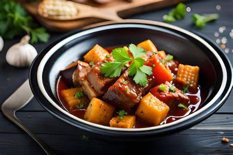 Cacerola con carne y verduras cocinándose lentamente