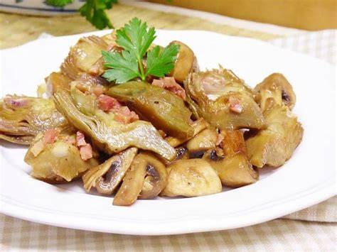Preparación de alcachofas y champiñones
