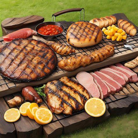 Variedad de carnes y pescados en una parrilla