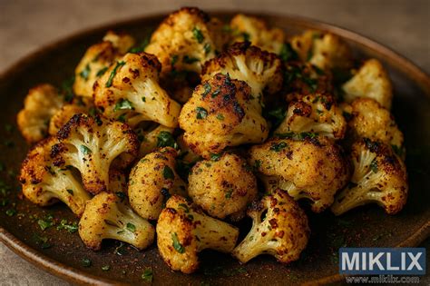 Coliflor asada servida como guarnición con seitán