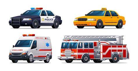 Ilustración de vehículos de emergencia y transporte escolar