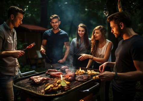 Persona asando carne en una barbacoa con amigos y familia