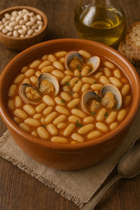 Plato de alubias con almejas en una mesa