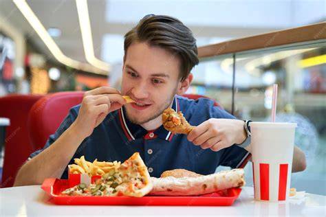 Persona disfrutando de comida rápida en un local moderno de barrio