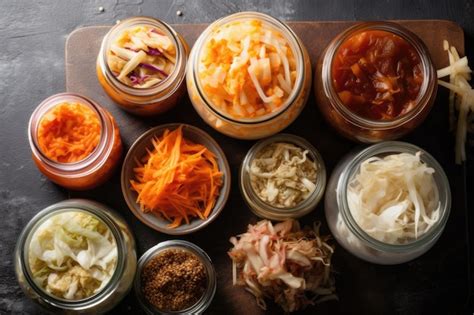 Variedad de alimentos fermentados: kimchi, chucrut, kombucha