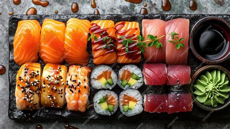 Variedad de sushi con nigiri de salmón